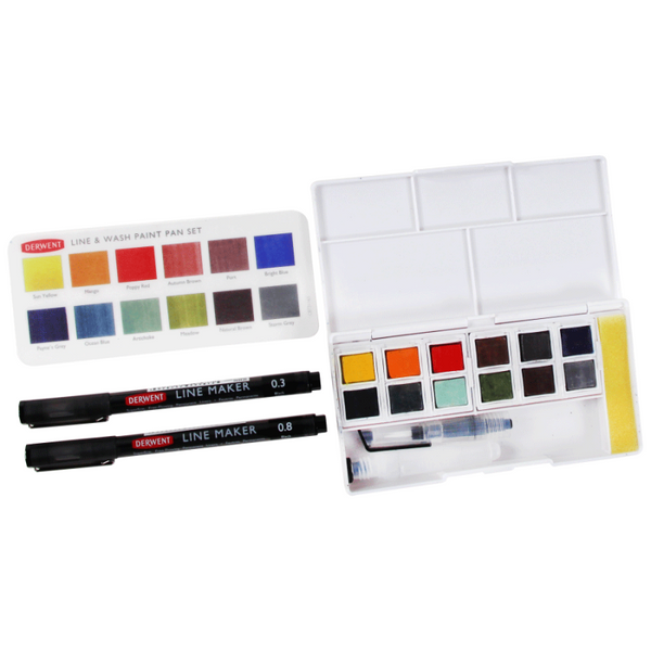 Набір Line and Wash Paint Pan, 12 кольорів+пензель з резервуаром+2 лінери, Derwent 5028252620352 фото