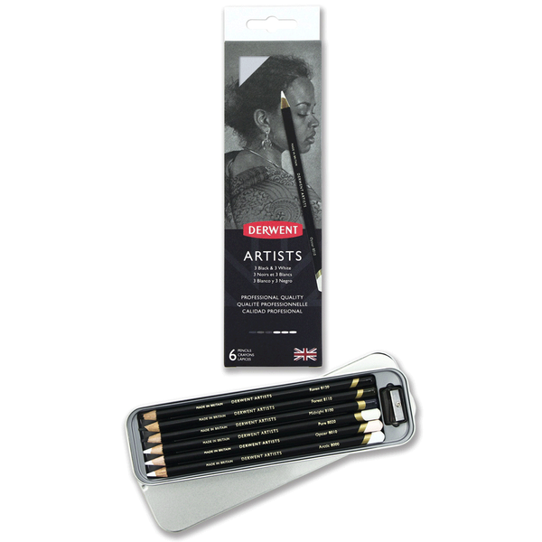Набір кольорових олівців Artists Black and White, 6 шт, мет. коробка, Derwent 5028252493994 фото